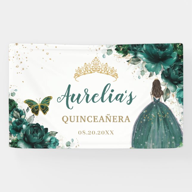 Emerald Green Floral Quinceañera Welcome Backdrop Banner (Horizontal)