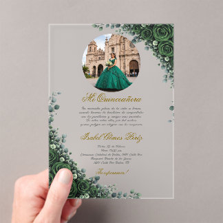 Emerald green floral Quinceanera with picture Acrylic Invitations