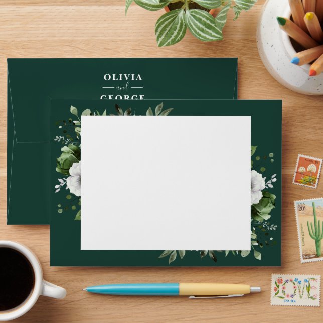 Emerald Green Floral Return Address Envelope (Desk)