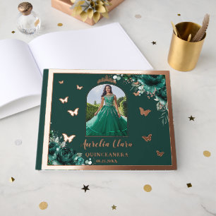 Emerald Green Floral Rose Gold Quinceañera Photo Guest Book