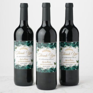 Emerald Green Floral Roses Butterflies Favor Wine Label