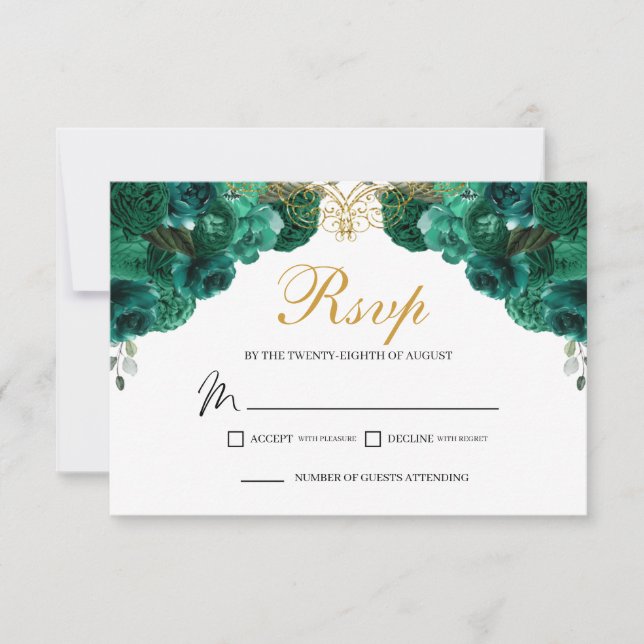 Emerald Green Floral RSVP Enclosure Card (Front)