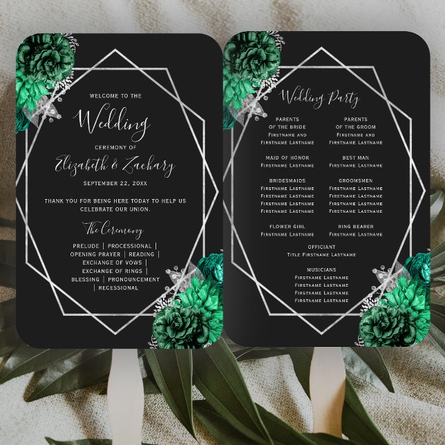 Emerald Green Floral Silver Black Wedding Program Hand Fan (Creator Uploaded)