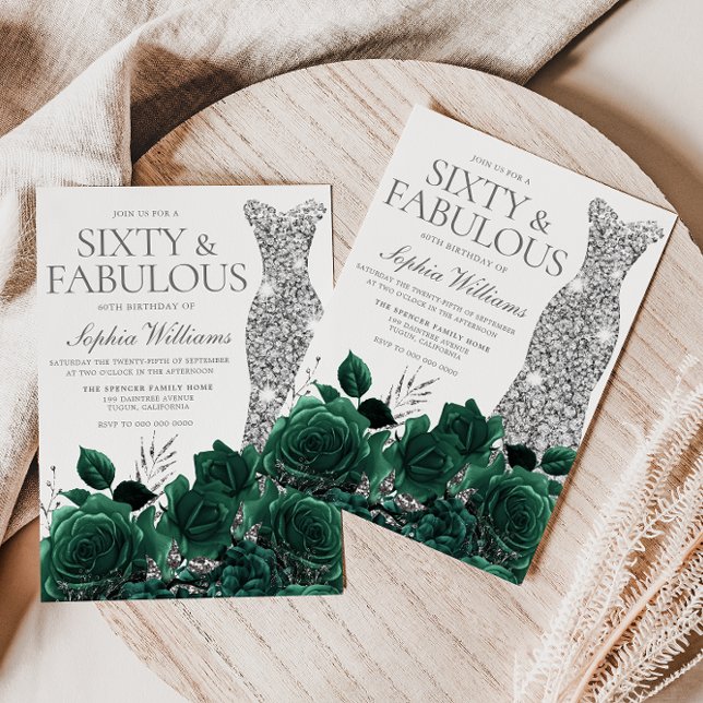Emerald Green Floral & Silver Gown 60th Birthday Invitation (Creator Uploaded)