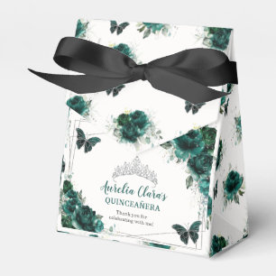 Emerald Green Floral Silver Quinceañera Butterfly Favour Box