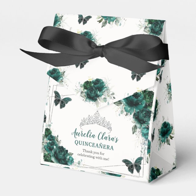 Emerald Green Floral Silver Quinceañera Butterfly Favour Box (Front Side)
