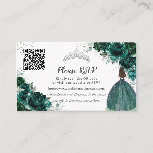 Emerald Green Floral Silver Quinceañera QR Code Enclosure Card (Front)