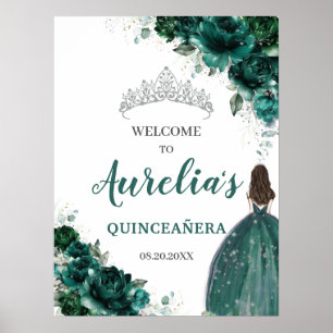 Emerald Green Floral Silver Quinceañera Welcome Poster