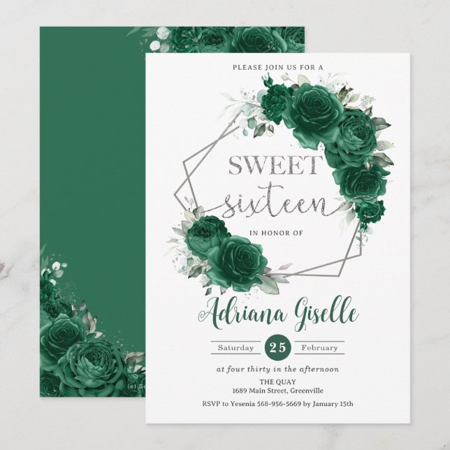 Emerald Green Floral Silver Sweet Sixteen Birthday Invitation (Front/Back)