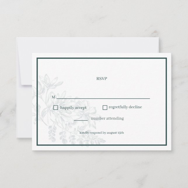Emerald Green Floral Simple Wedding RSVP Card (Front)