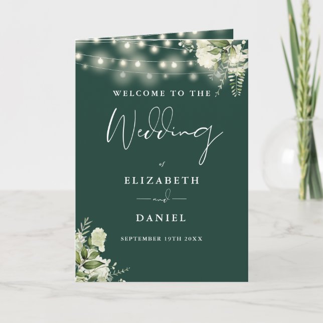 Emerald Green Floral String Lights Wedding  Programme (Front)