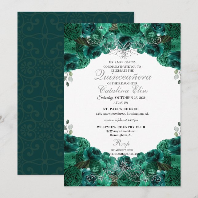 Emerald Green Floral Sweet 15 Quinceanera Invitation (Front/Back)