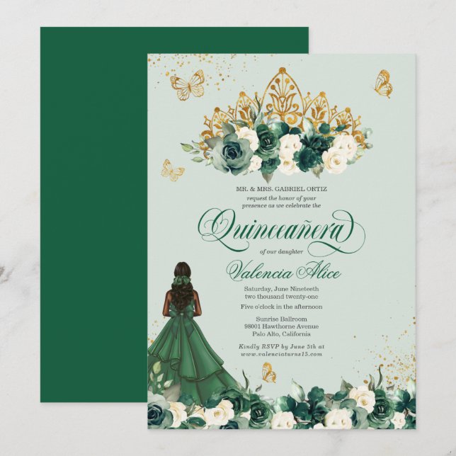 Emerald Green Floral Tiara + Butterfly Quinceanera Invitation (Front/Back)