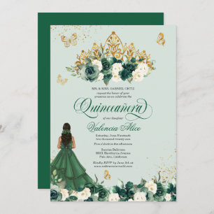 Emerald Green Floral Tiara + Butterfly Quinceanera Invitation
