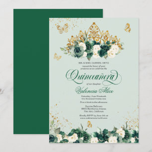 Emerald Green Floral Tiara + Butterfly Quinceanera Invitation