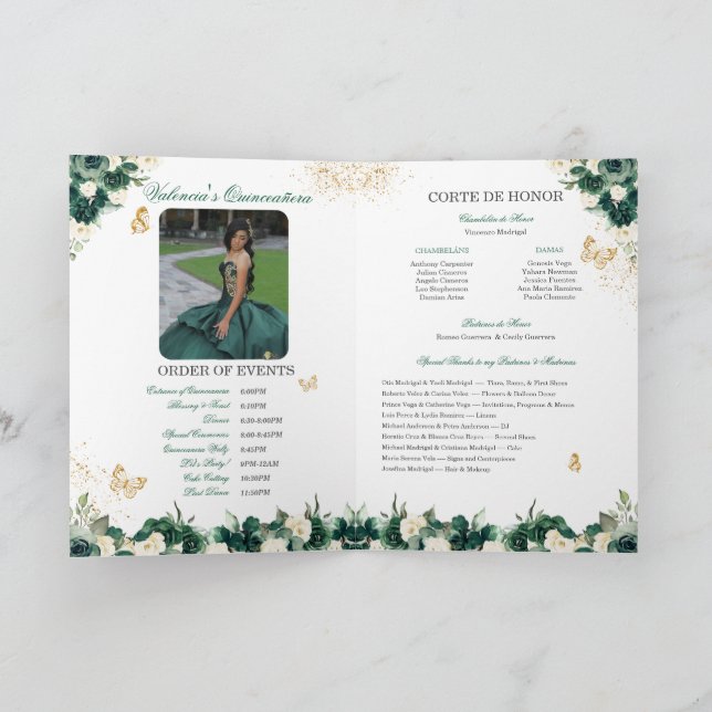 Emerald Green Floral Tiara Butterfly Quinceanera Programme (Inside)