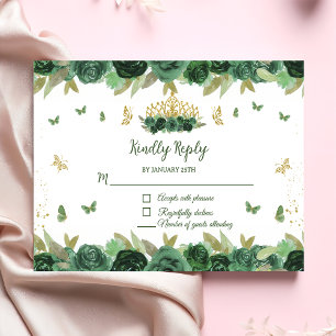 Emerald Green Floral Tiara + Butterfly Quinceanera RSVP Card