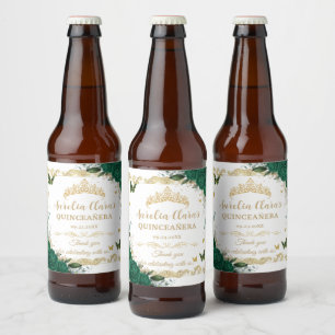 Emerald Green Floral Vintage Gold Quinceañera Beer Bottle Label