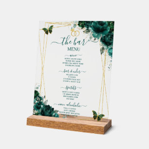 Emerald Green Floral Wedding Bar Cocktail Menu Acrylic Sign