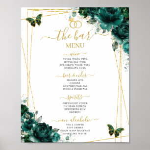 Emerald Green Floral Wedding Bar Cocktail Menu Poster