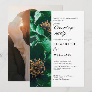 Emerald Green Floral Wedding Evening Party Photo Invitation