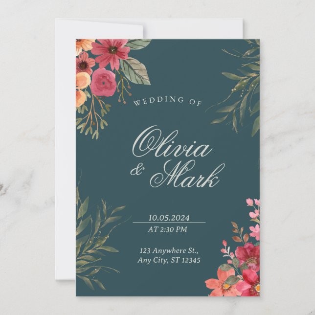Emerald Green Floral Wedding Invitation (Front)