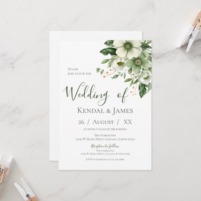 Emerald Green Floral Wedding  Invitation (Front/Back In Situ)