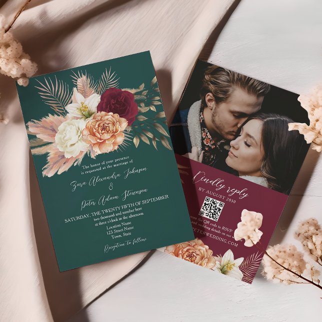 Emerald Green Floral Wedding QR Code Invite (Creator Uploaded)