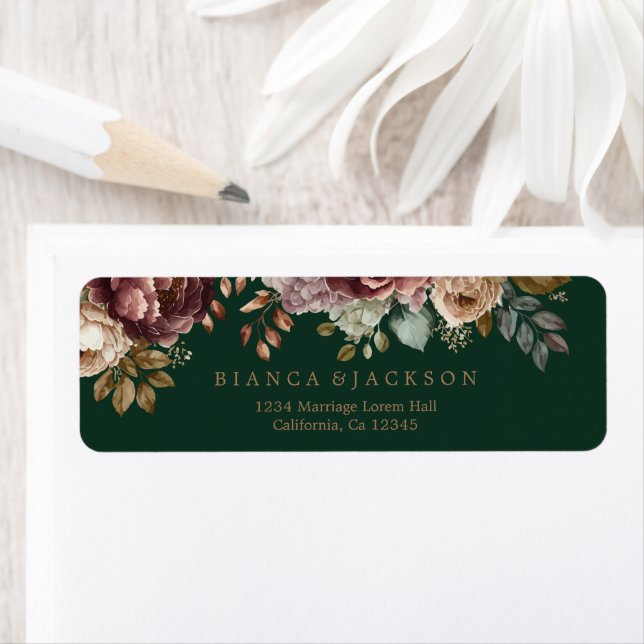 Emerald green floral Wedding Return address (Insitu)