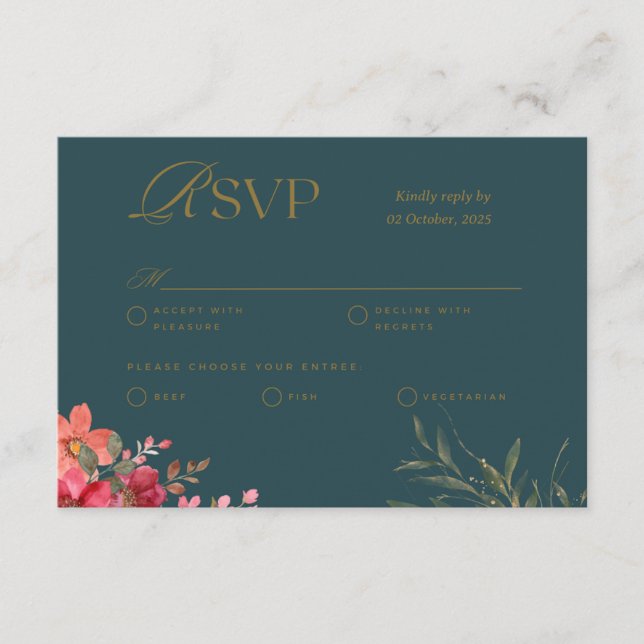 Emerald Green Floral Wedding RSVP Card (Front)
