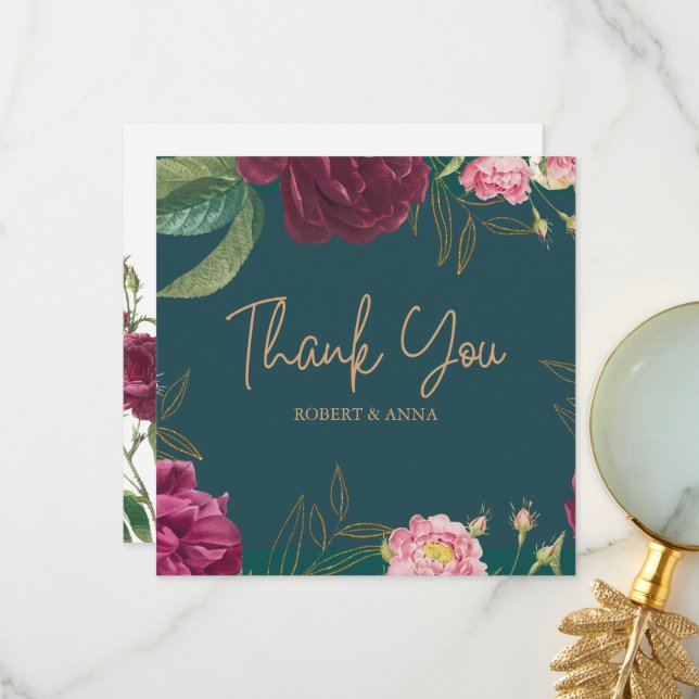  Emerald Green Floral Wedding Thank You Card (Front/Back In Situ)