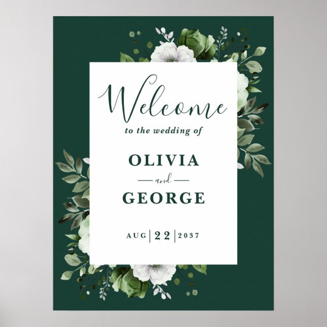 Emerald Green Floral Wedding Welcome Sign (Front)