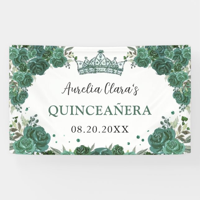 Emerald Green Floral Welcome Quinceañera Backdrop Banner (Horizontal)