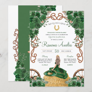 Emerald Green Floral Western Charra Quinceañera  Invitation