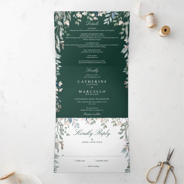 Emerald Green Floral Wildflowers Photo Wedding Tri-Fold Invitation (Inside)