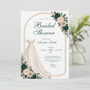 Emerald Green Florals, Gown & Pearls Bridal Shower Invitation
