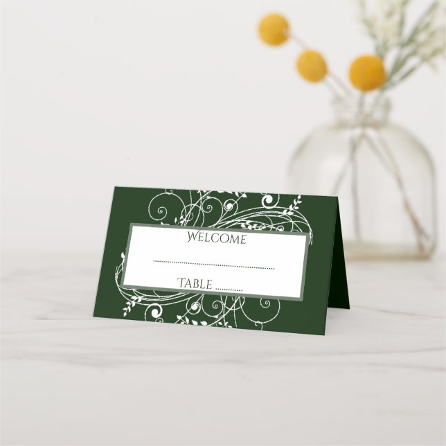 Emerald Green Flourish Reception Place Card (Front)