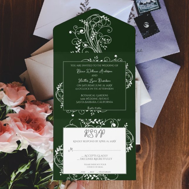 Emerald Green Flourish Wedding All In One Invitation (Emerald Green Flourish All in One Wedding Invite)