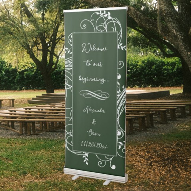 Emerald Green Flourish Wedding Retractable Banner (Emerald Green Flourish Wedding Welcome Banner)