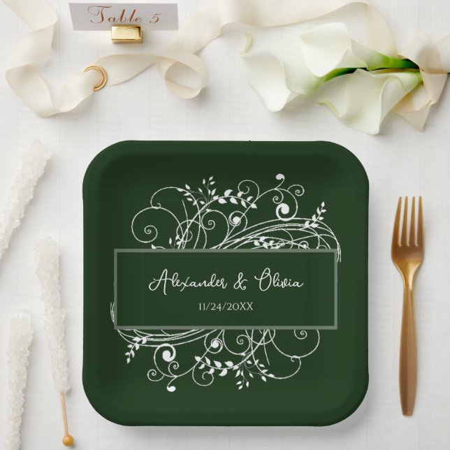 Emerald Green Flourish Wedding Shower Paper Plates (Wedding)