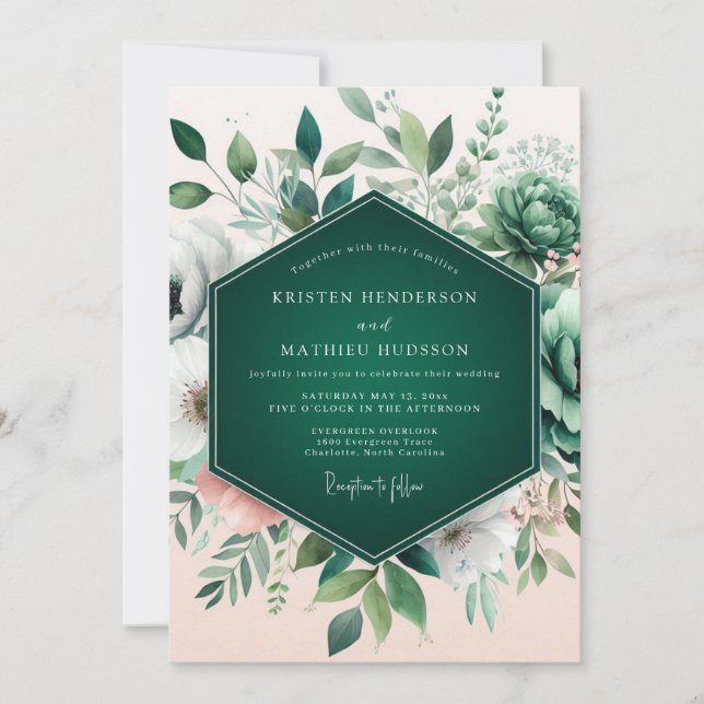 Emerald Green Flourishing Succulent Wedding Invitation (Front)