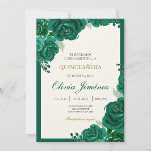 Emerald green flower quinceañera  invitation