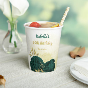 emerald green flowers and gold leaves paper cups