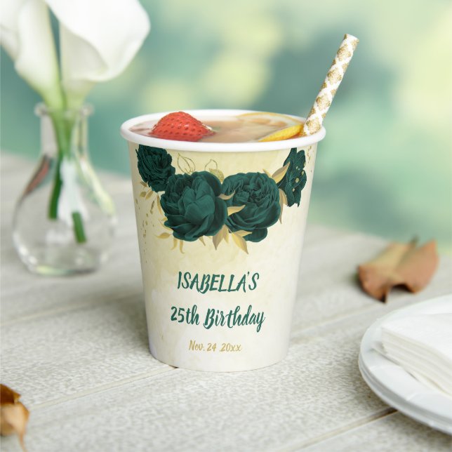 emerald green flowers and gold leaves  paper cups (Insitu)