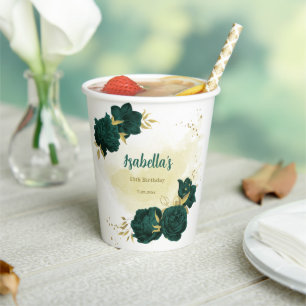 emerald green flowers and gold leaves  paper cups