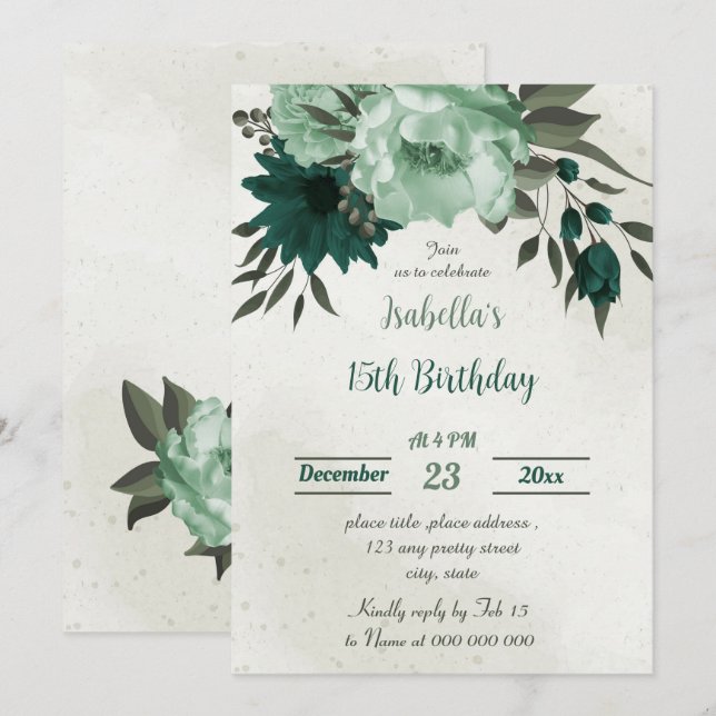 emerald green flowers botanical birthday  invitation (Front/Back)