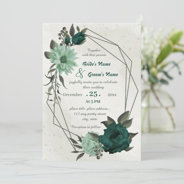 emerald green flowers botanical geometric wedding  invitation (Standing Front)