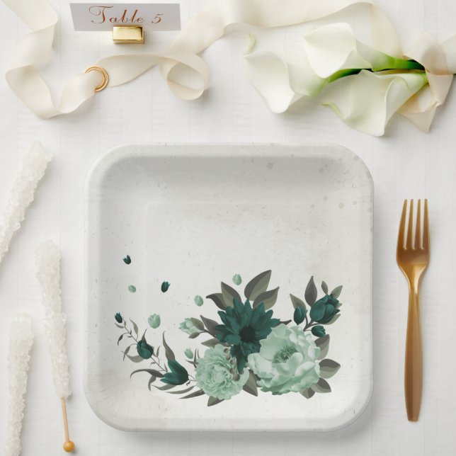 emerald green flowers botanical paper plate (Wedding)
