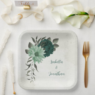 emerald green flowers botanical paper plate