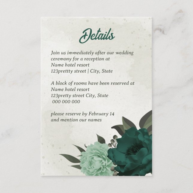 emerald green flowers botanical wedding  enclosure card (Front)